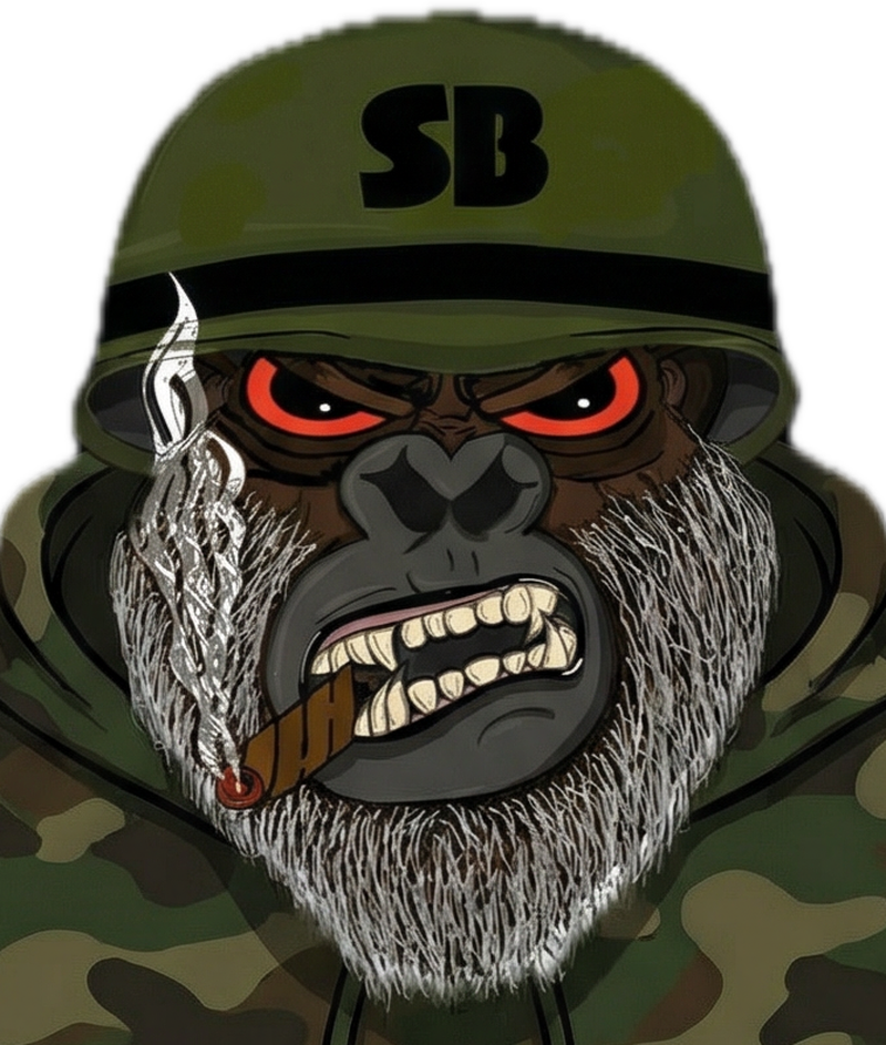 Kynston, the SilvaBaKC gorilla mascot, in an army helmet with a cigar in his teeth